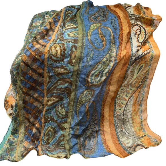 Rich orange slate blue Paisley print scarf - Picture 1 of 4